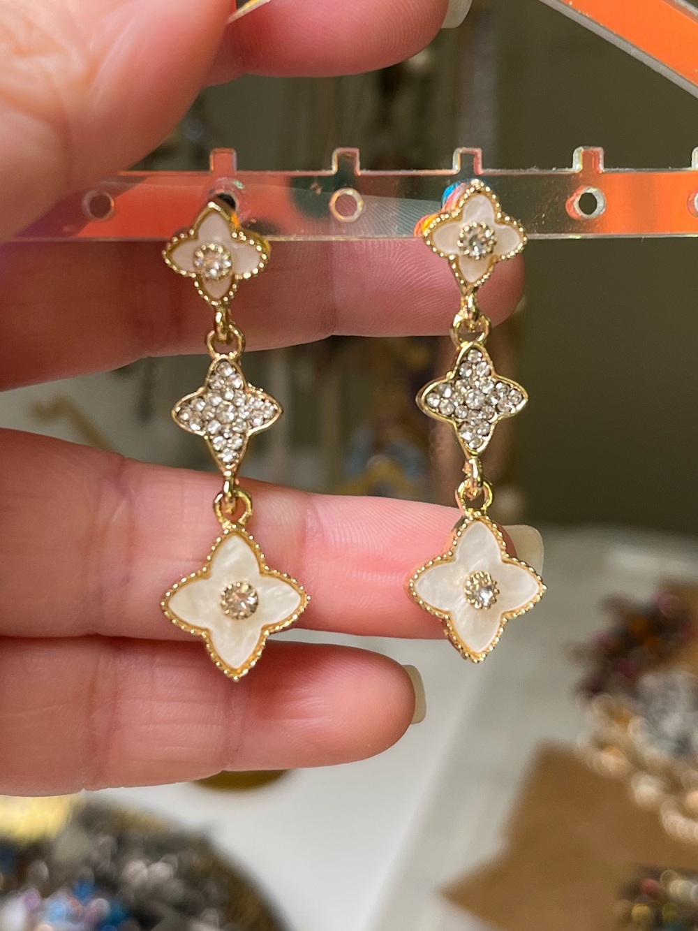 Gold Tone Mother of Pearl Style Rhinestone Drop Earrings